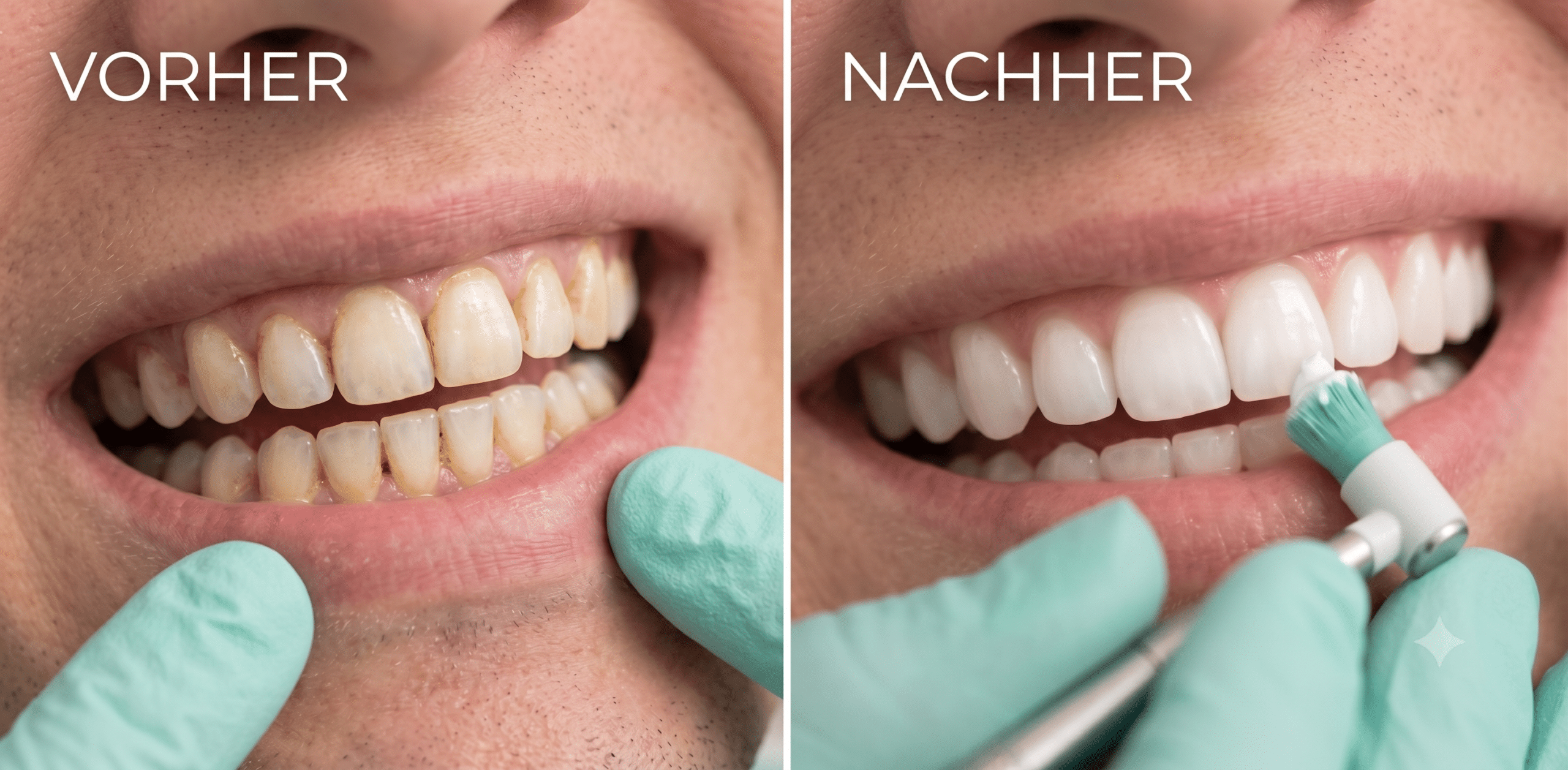 Vorher-Nachher-Vergleich einer professionellen Zahnaufhellung
