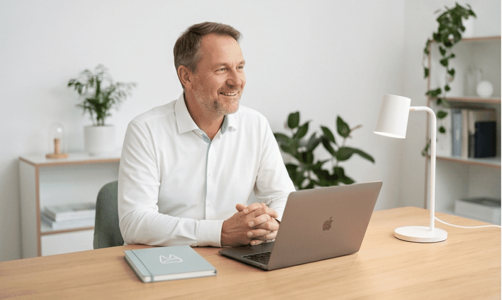 Lächelnder Mann am Laptop im hellen Büro