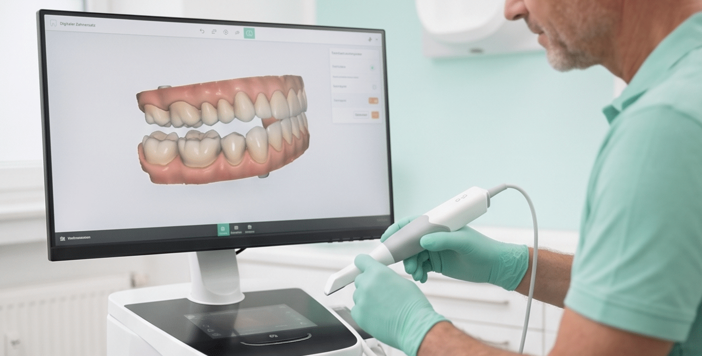 Zahnarzt mit 3D-Zahnmodell am Bildschirm