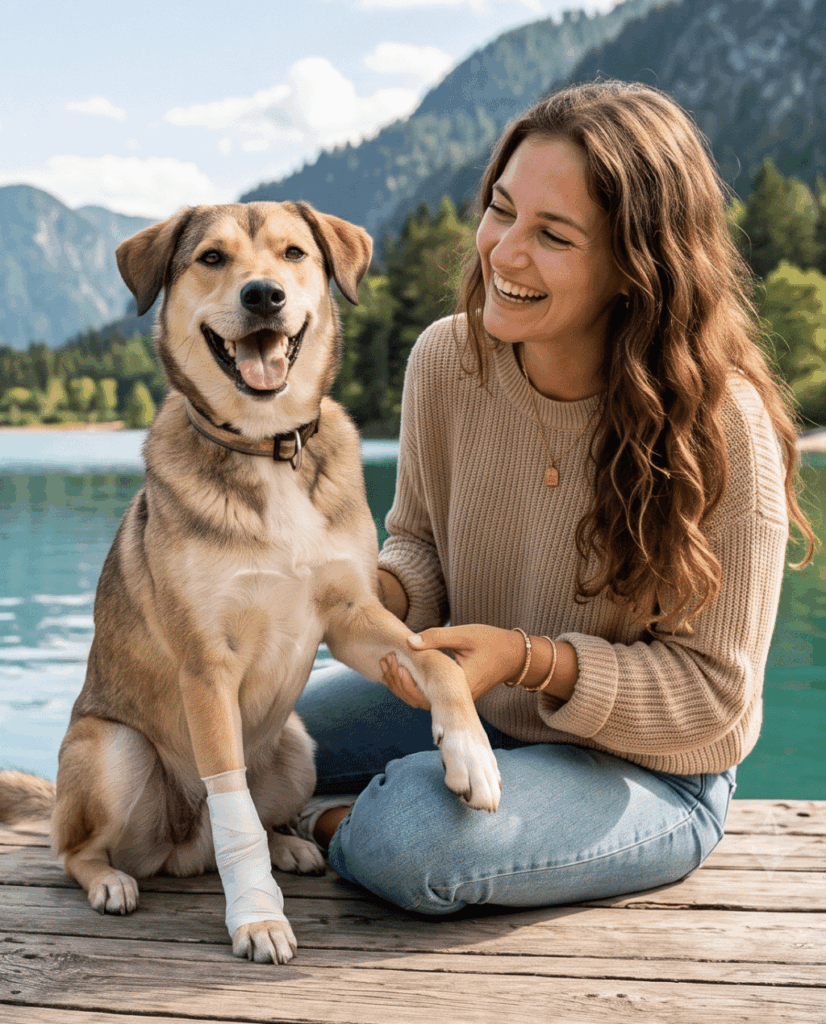 Frau mit Hund am Bergsee auf Steg